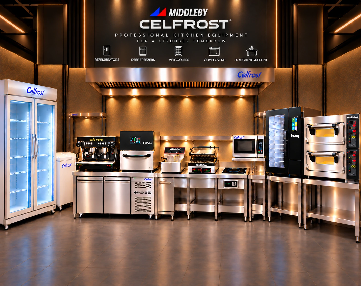 Illustrative Middleby Celfrost commercial kitchen with refrigeration, coffee machine and CiBO oven above an undercounter refrigerator, fryer, grill, induction unit, microwave, combi oven and deck oven