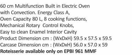 Original catalogue specifications for Elica EPBI 861 MMF / EPBI 961 MMF. Use the full-size link to enlarge, or contact the household team for an accessible specification sheet.