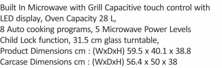 Original catalogue specifications for Elica EPBI MWO G28 TOUCH. Use the full-size link to enlarge, or contact the household team for an accessible specification sheet.