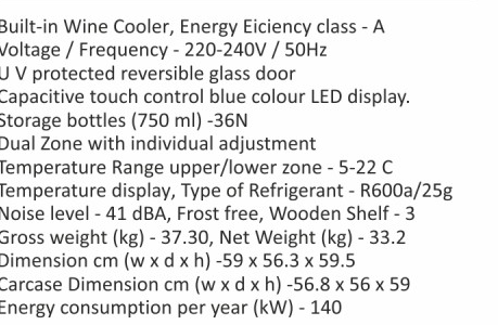 Original catalogue specifications for Elica WINE COOLER - EWC 92S. Use the full-size link to enlarge, or contact the household team for an accessible specification sheet.
