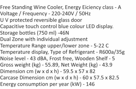 Original catalogue specifications for Elica WINE COOLER - EWC 145 S. Use the full-size link to enlarge, or contact the household team for an accessible specification sheet.