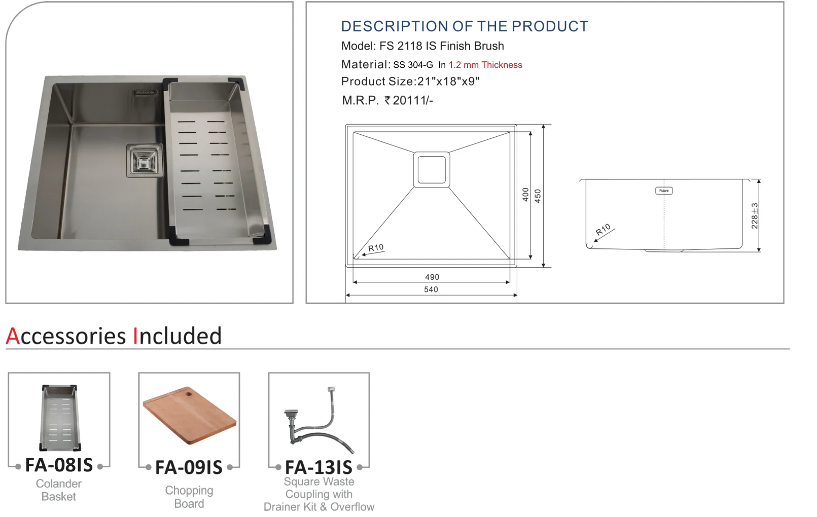 Original Futura catalogue specification table, dimensions and accessory details for FS 2118 IS; key specifications are transcribed above