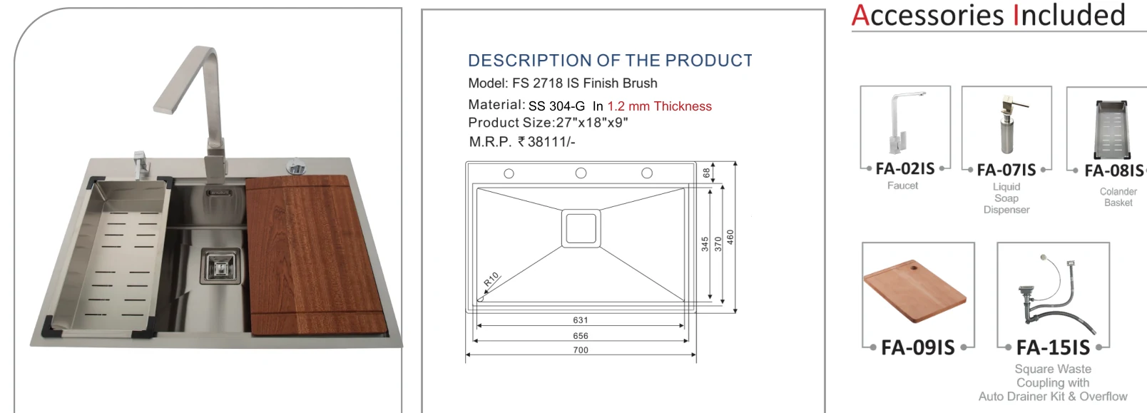 Original Futura catalogue specification table, dimensions and accessory details for FS 2718 IS; key specifications are transcribed above