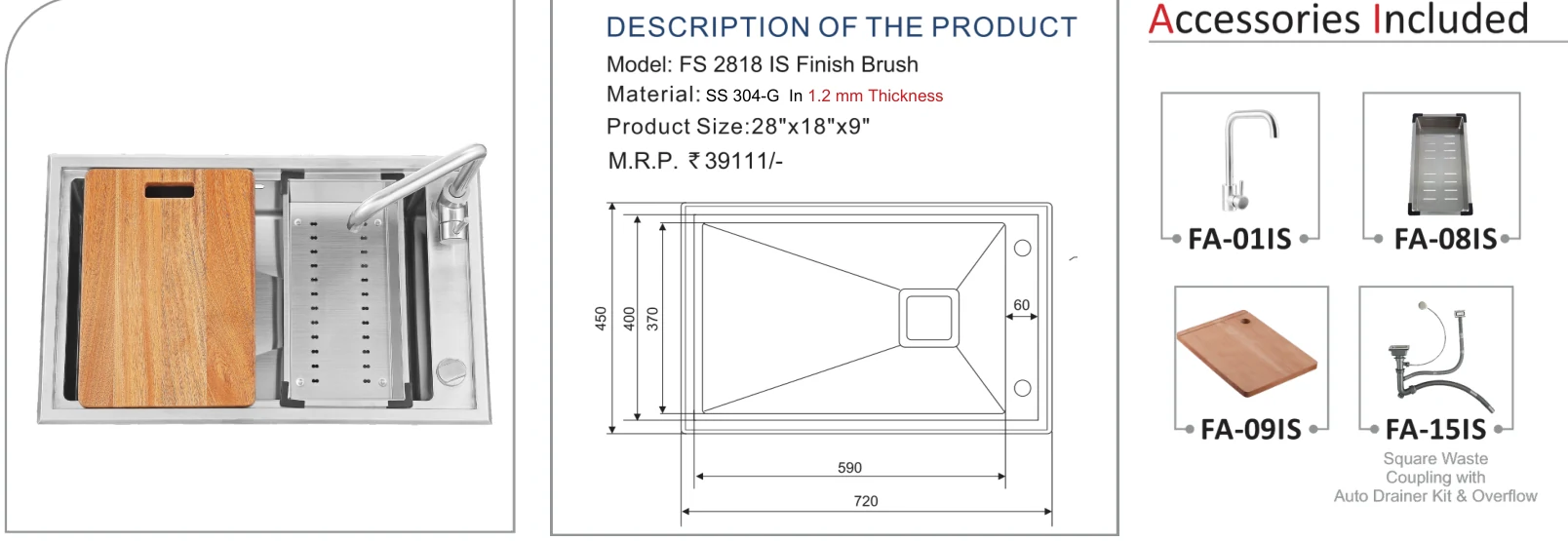 Original Futura catalogue specification table, dimensions and accessory details for FS 2818 IS; key specifications are transcribed above