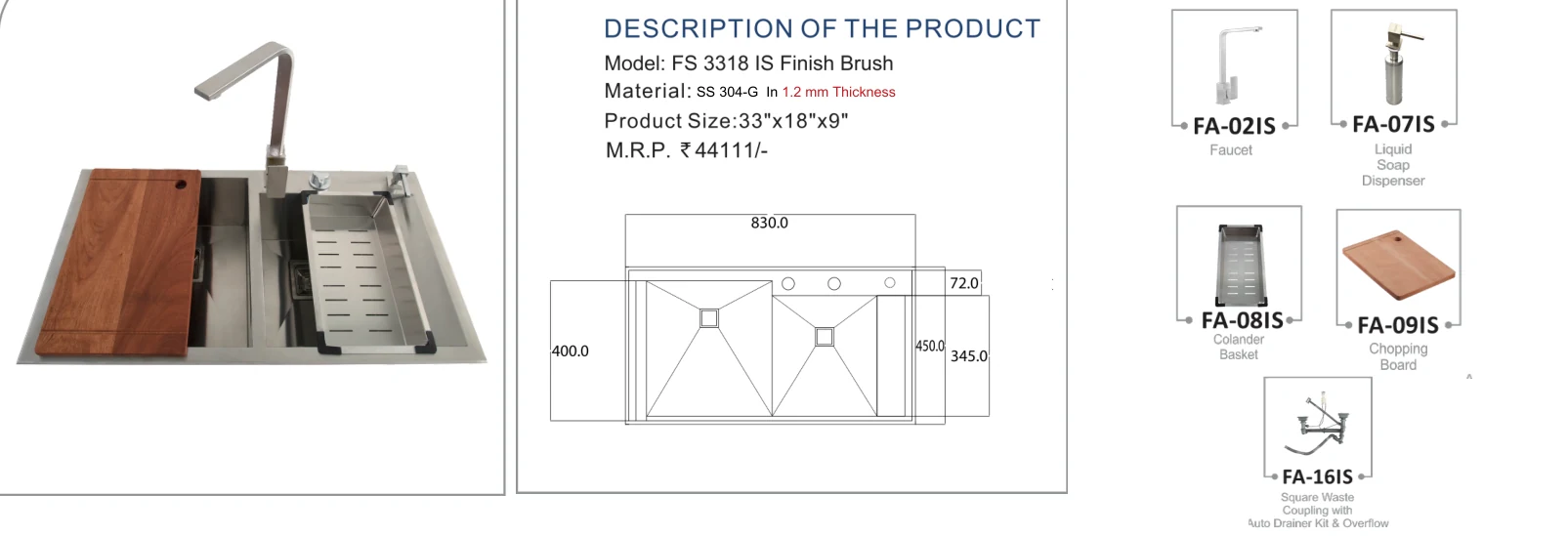 Original Futura catalogue specification table, dimensions and accessory details for FS 3318 IS; key specifications are transcribed above