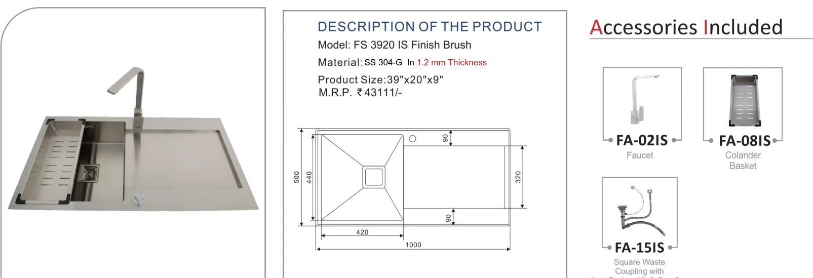 Original Futura catalogue specification table, dimensions and accessory details for FS 3920 IS; key specifications are transcribed above