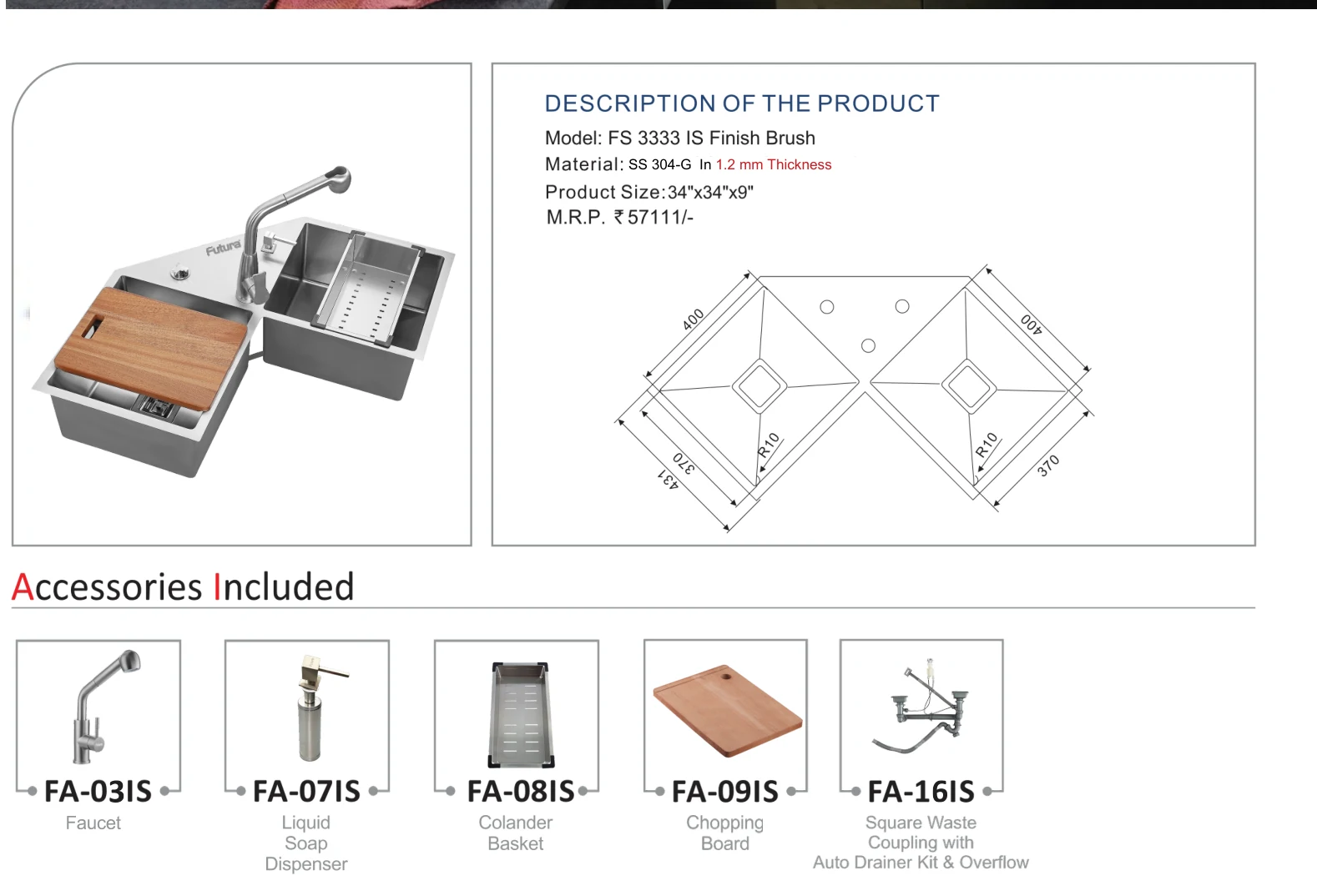 Original Futura catalogue specification table, dimensions and accessory details for FS 3333 IS; key specifications are transcribed above