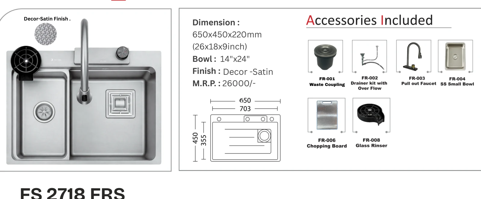 Original Futura catalogue specification table, dimensions and accessory details for FS 2618 FRS; key specifications are transcribed above