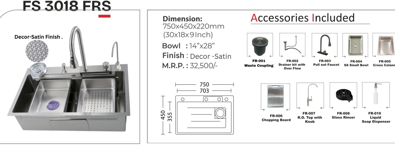 Original Futura catalogue specification table, dimensions and accessory details for FS 3018 FRS; key specifications are transcribed above