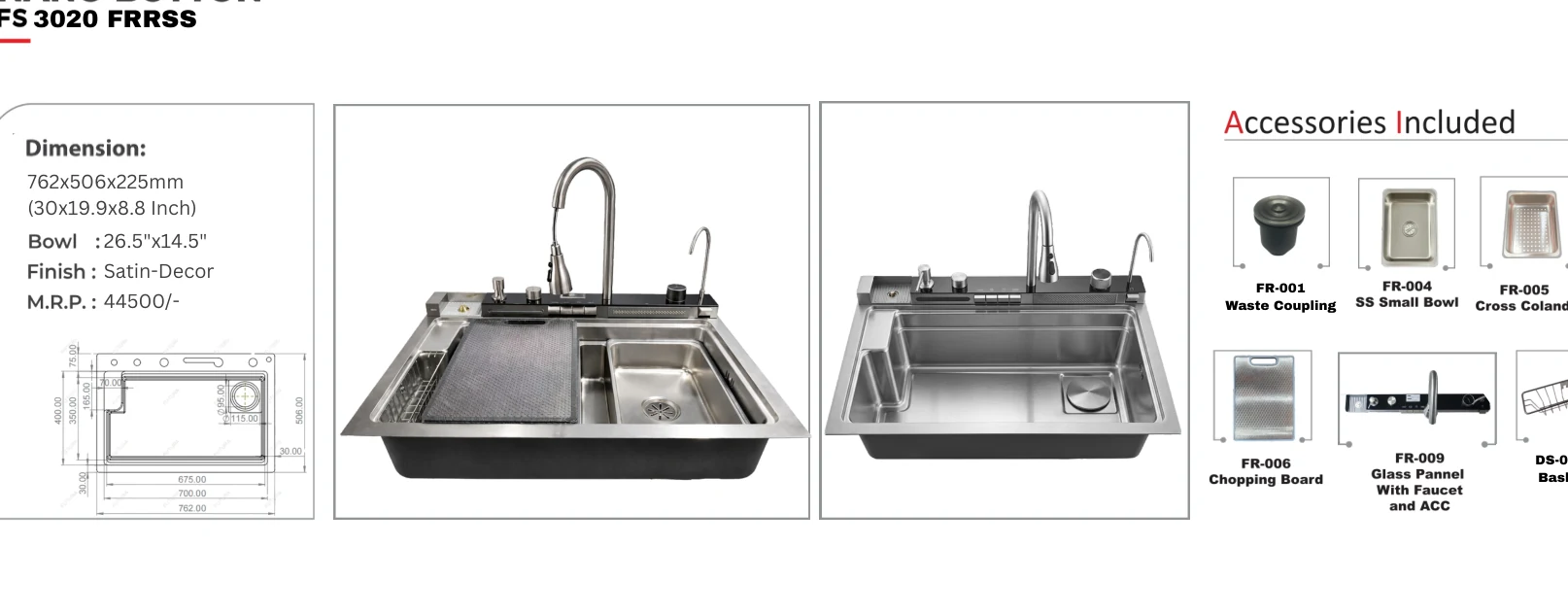 Original Futura catalogue specification table, dimensions and accessory details for FS 3020 FRRSS; key specifications are transcribed above