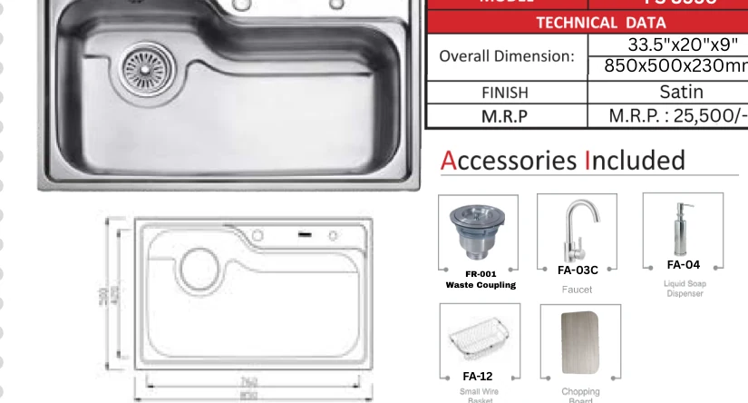 Original Futura catalogue specification table, dimensions and accessory details for FS 8550; key specifications are transcribed above