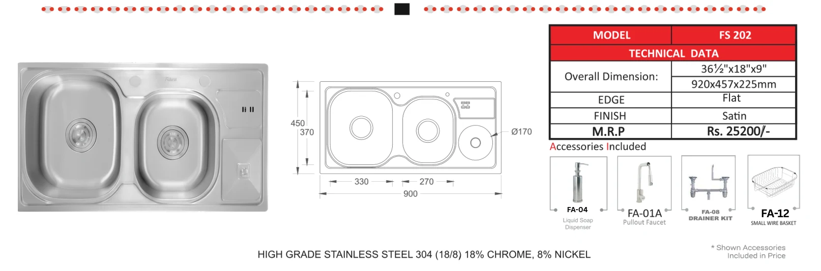 Original Futura catalogue specification table, dimensions and accessory details for FS 202; key specifications are transcribed above