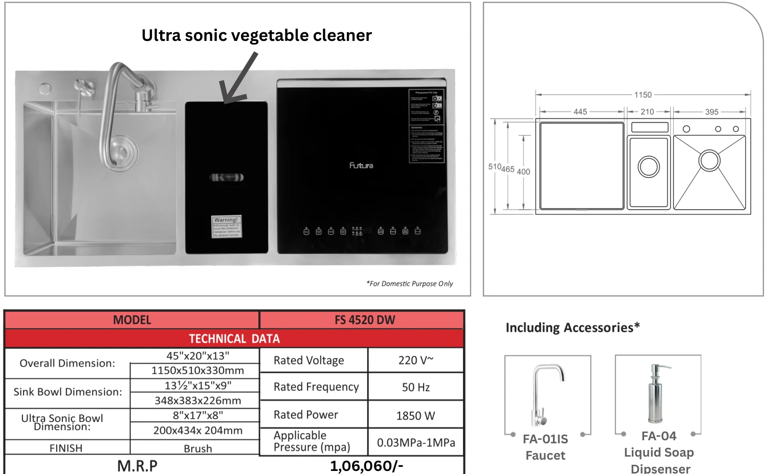 Original Futura catalogue specification table, dimensions and accessory details for FS 4520 DW; key specifications are transcribed above