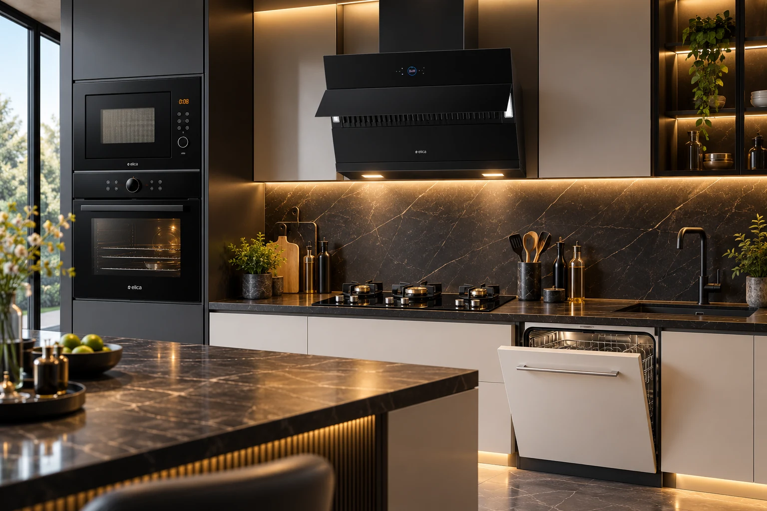 Dark kitchen scene with Elica-branded appliances, warm lighting and a kitchen island, supplied by the owner