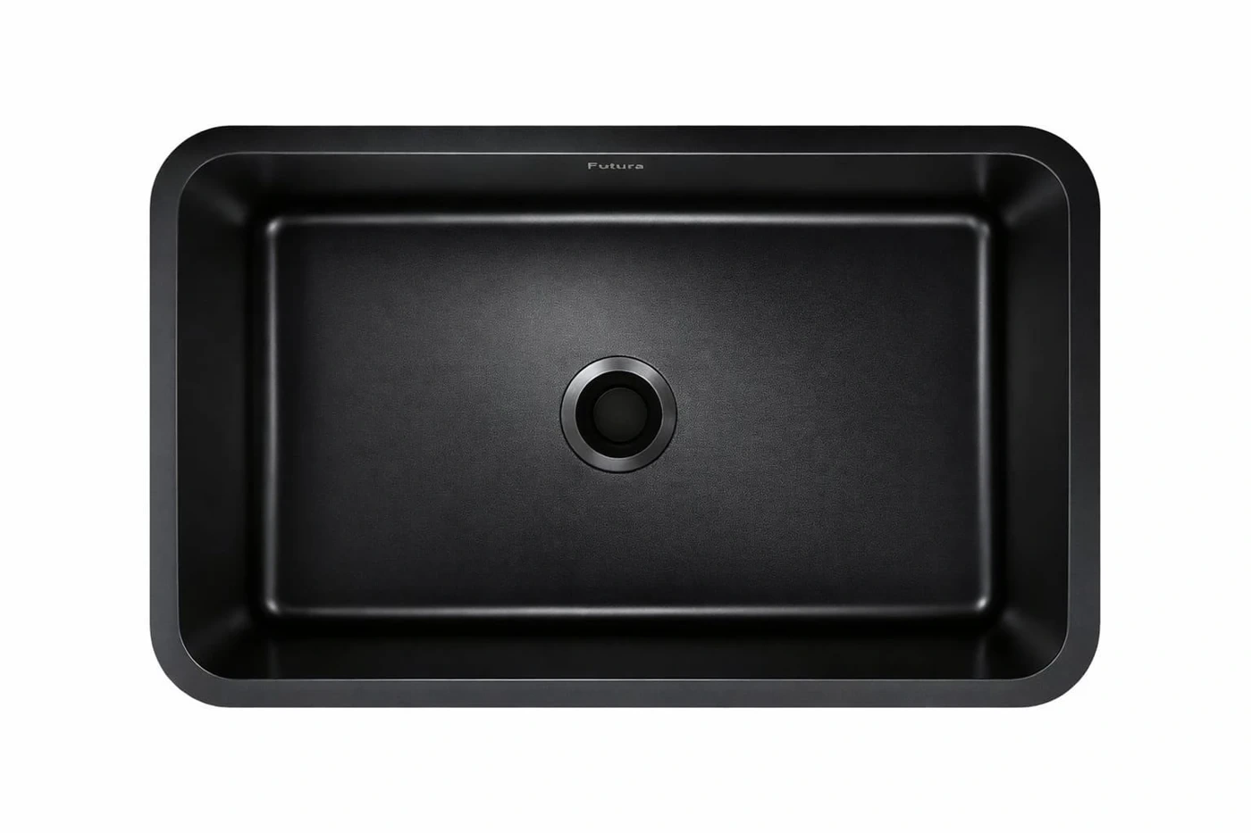 Black single-bowl Futura sink supplied by the owner