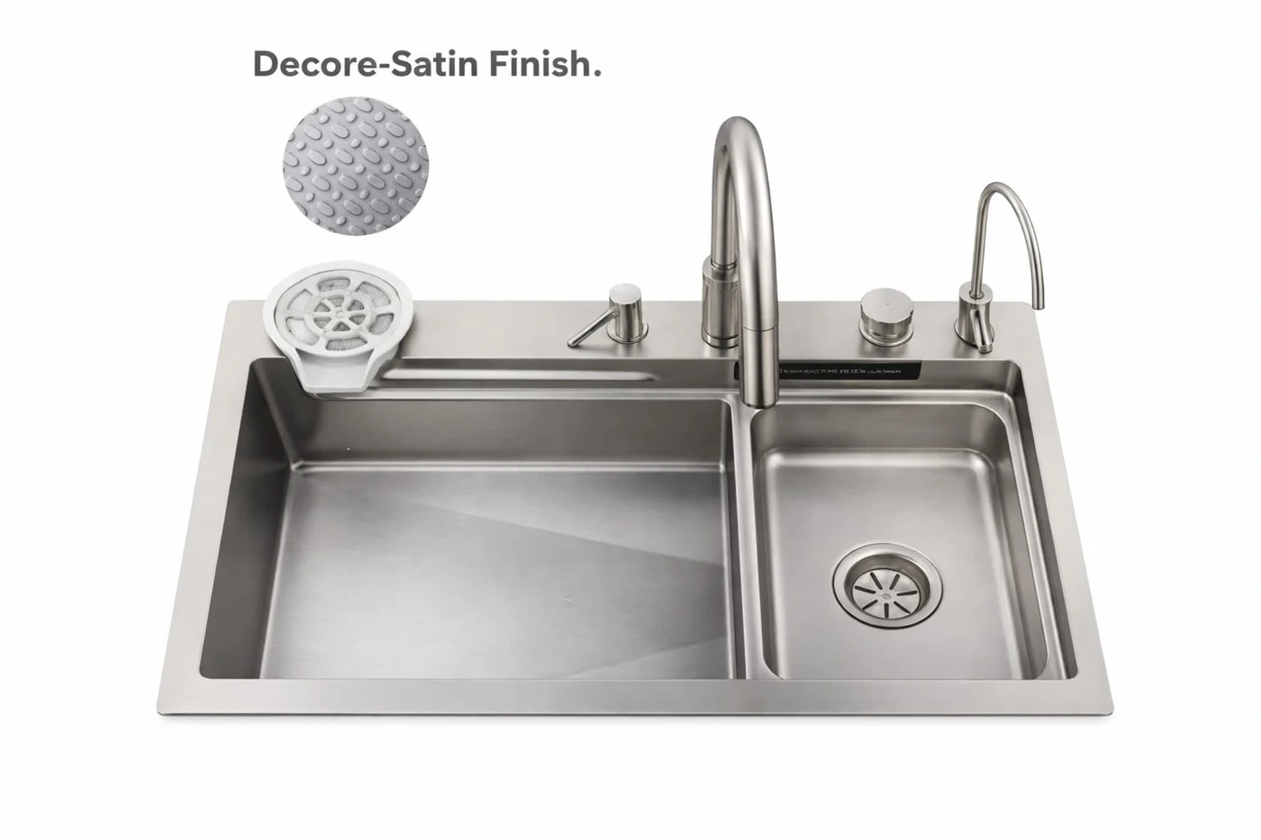 Double-bowl sink with taps and accessories, supplied by the owner