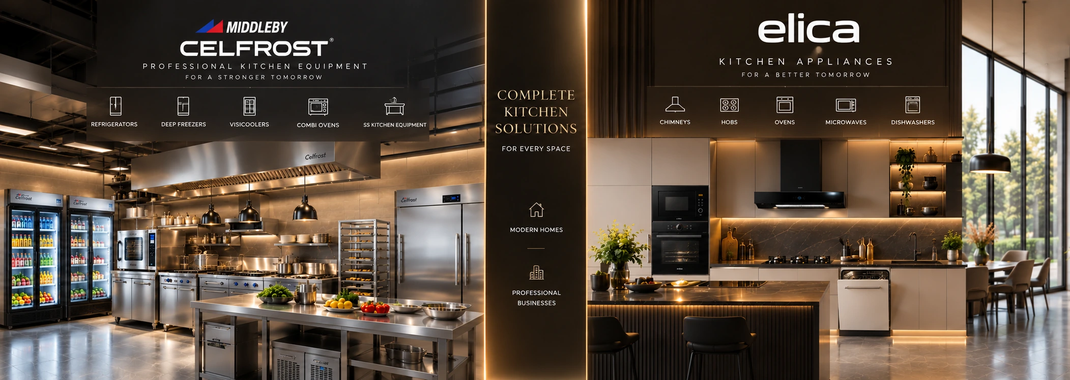 Elica household kitchen illustration with built-in appliances and a kitchen island